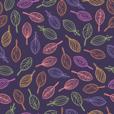 Mor arkaplanda rengarenk sonbahar yaprağı pürüzsüz desen vektör tasarımı