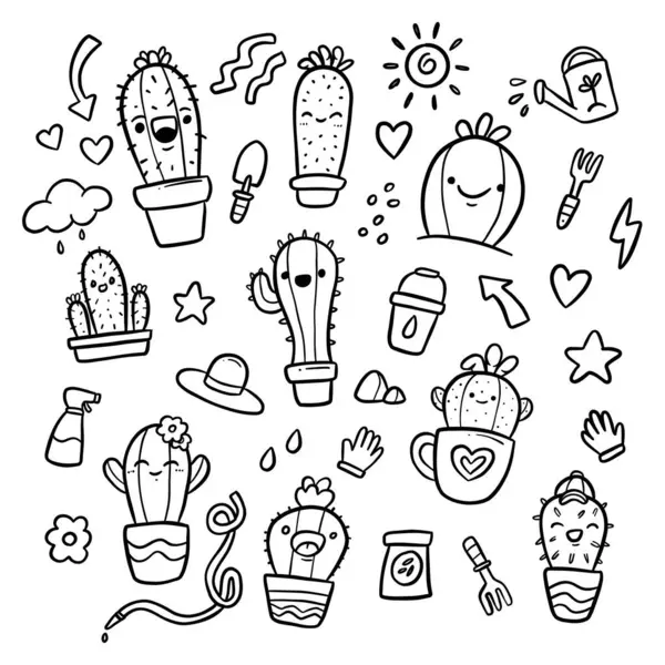 Divertente Carino Cactus Doodle Cartone Animato Illustrazione Vettore Mano Disegno — Vettoriale Stock