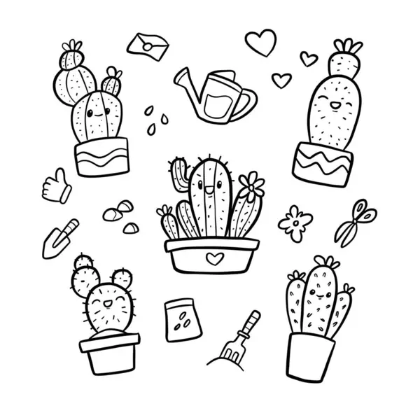 Set Doodle Carino Cactus Cartone Animato Disegnato Mano Illustrazione — Vettoriale Stock