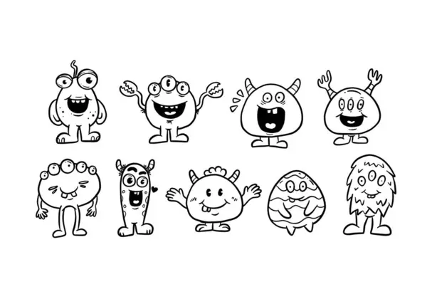 Schattig Doodle Monster Vector Collectie Overzicht Illustratie — Stockvector