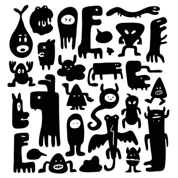 Doodle Schattig Abstract Monster Silhouet Illustratie Vector Collectie — Stockvector