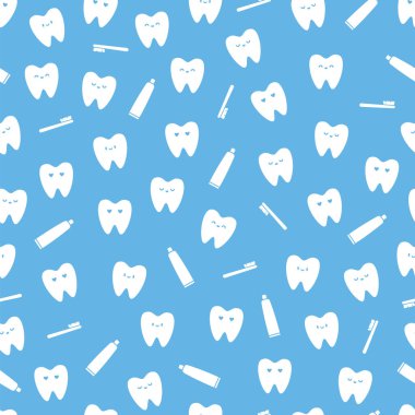 Sevimli, basit, dişsiz, mavi beyaz arkaplan.