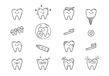 Diş kliniği diş ikonu karalama çizimi çizimi çizimi ve çizim çizimi, mutlu, temiz diş çizimi, kirli, parlak, dokunaklı, hassas ve soğuk, implant içerir.