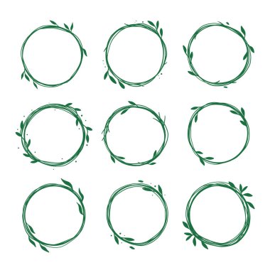 El Çizimi Yeşil Yaprak Çelenk Seti, Logo ve Davetler için Botanik Çember Çerçeveleri