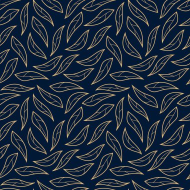 Koyu mavi arka planda pürüzsüz, zarif Altın Yaprak Tasarımı Tekstil ve duvar kağıdı için kusursuz lüks yaprak döşeme tasarımı