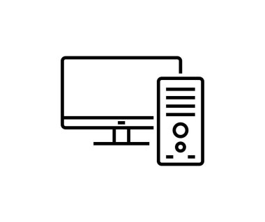 Masaüstü bilgisayar doğrusal simgesi beyaz arkaplanda izole edildi.