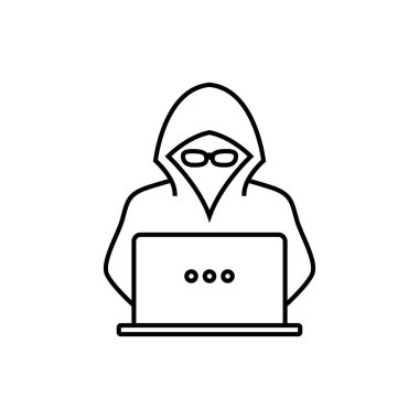 Bilgisayar doğrusal simgesi, vektör illüstrasyonu üzerinde çalışan hacker.