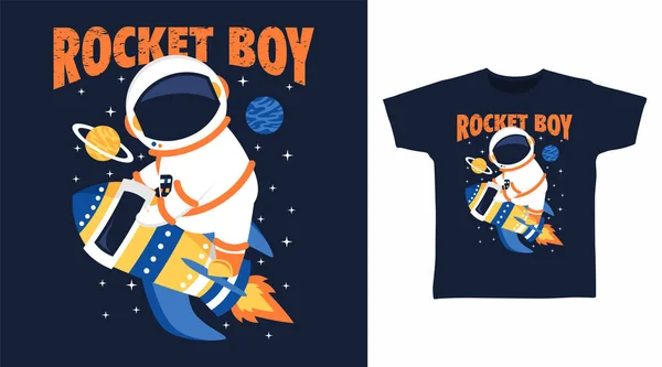 ロケット漫画のTシャツアートデザインの宇宙飛行士 — ストックベクタ