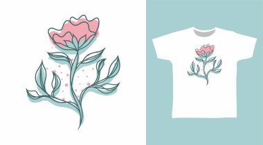 Pembe çiçekli el çizilmiş tişört ve giysi tasarımı kavramları