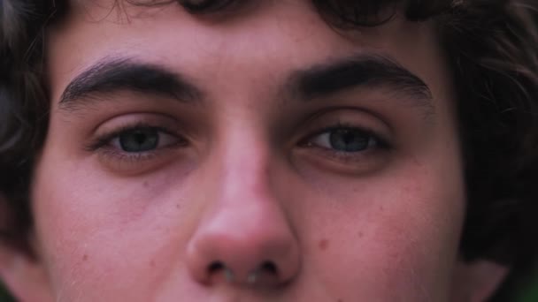 Close Mans Face Attractive Boy Opening His Beautiful Blue Eyes — Stock Video