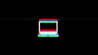 Siyah arkaplanda arızalı dizüstü bilgisayar simgesi. Video sinyali hasarı ve eski ekran parazitiyle geçmişe dönük fütürizm hack tarzı. Yüksek kalite 4k görüntü