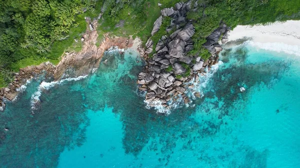 Islas Seychelles Costa Rocosa Salvaje Vista Mar Azul Desde Arriba — Foto de Stock