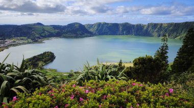 Lake in a volcanic crater in the Azores clipart
