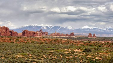 Arches Ulusal Parkı, Utah, ABD 'de soyut kaya oluşumlarıyla fantastik renkli manzara..