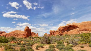 Arches Ulusal Parkı, Utah, ABD 'de soyut kaya oluşumlarıyla fantastik renkli manzara..
