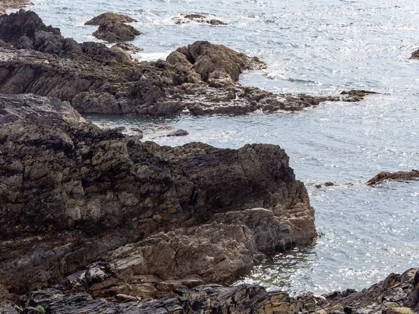 Expuso Rocas Orilla Playa Tiempo Soleado Formación Rocas Cerca Del — Foto de Stock