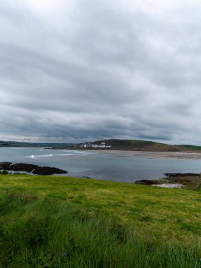 Bulutlu bir günde Clonakilty Körfezi manzarası. Denize yakın sık otlar. İrlanda 'nın güneyindeki sahil şeridi. Deniz manzarası. Fırtınadan önce bulutlu hava.