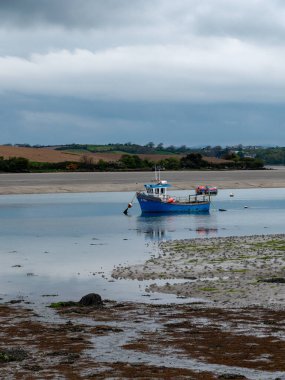 Clonakilty Körfezi. Küçük mavi bir balıkçı teknesi demirli. Deniz yatağını, alüvyonu ve algleri açın. Resimli manzara..