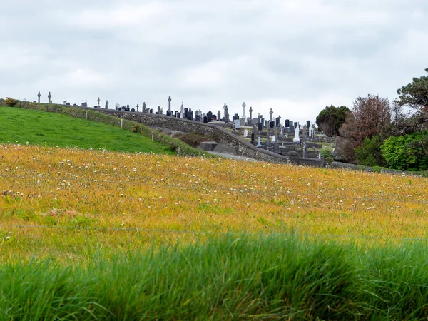 Фермерское Поле Весенний День Небольшое Христианское Кладбище Возле Поля Пейзаж — стоковое фото