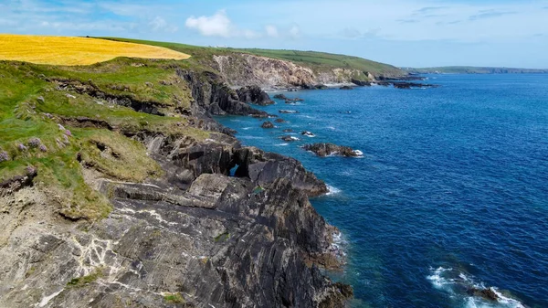 アイルランドの南 ケルト海の岩場の海岸の農場フィールド 郡コルク 美しい沿岸地域 大西洋のターコイズブルーの海 絵のような石の丘 ドローンの視点 — ストック写真