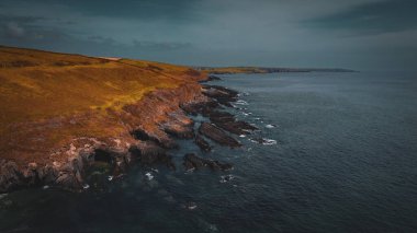 İrlanda 'nın Clonakilty kasabası yakınlarındaki Kelt Denizi kıyısındaki bitki örtülü kayalar. Güzel deniz manzarası. Vahşi Atlantik Yolundaki Doğa. Doğal bir cazibe. Drone fotoğrafı.