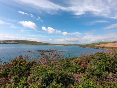 Clonakilty yakınlarındaki Celtic Sea Bay 'de. Güzel deniz manzarası. Beyaz bulutlu mavi gökyüzü. Kıyı doğası.