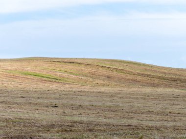 Sakallı tepeler, bahar günü mavi gökyüzü. Minimalist manzara, mavi gökyüzünün altındaki alan..