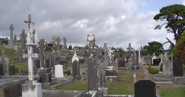 Stone Tombstones Celtic Crosses Catholic Cemetery Overcast Cloudy Sky Christian — Vídeos de Stock