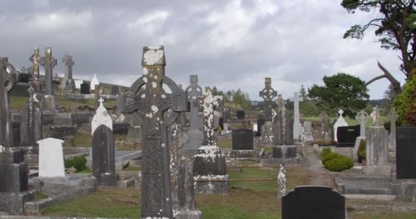 天主教公墓里的石碑和凯尔特十字架 爱尔兰基督教坟场阴云密布的天空 — 图库视频影像