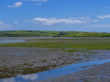 Open seabed after low tide, swamp. Green hilly landscape. White clouds in a sky. Irish landscape. The coast of Clonakilty Bay, County Cork.