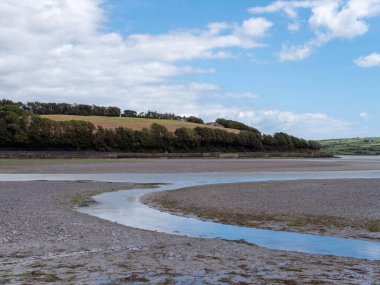 Open seabed after low tide, swamp. Green hilly landscape on a summer day. White cumulus clouds in a blue sky. Irish landscape. The coast of Clonakilty Bay, County Cork.