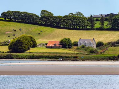 A house on the green hilly shore of Clonakilty Bay. Rural Irish landscape. The picturesque nature of Ireland in summer, house near green trees and body of water.