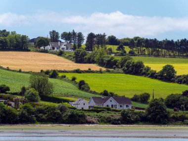 Several buildings and trees on a hill. Irish summer landscape. Picturesque countryside. Farm fields under a blue sky, house on green grass field.