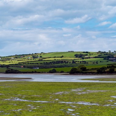 Open seabed after low tide, swamp area. Green hilly landscape. White clouds, sky. The coast of Clonakilty Bay, County Cork. Irish European landscape