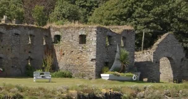 アイルランドの古代の石の遺跡の近くの花と白いボート アーンデル穀物店の遺跡 リング Clonakilty 西コルクの近く ビデオ — ストック動画