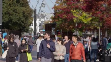 Cork, Ireland, September 30, 2022. People of various races and genders walk down the street of a European city on a sunny morning. Citizens on a city street.