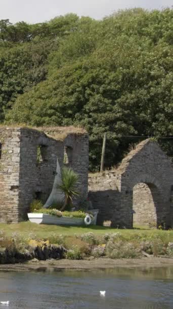 Bateau Décoratif Avec Des Fleurs Près Ruines Anciennes Pierre Irlande — Video