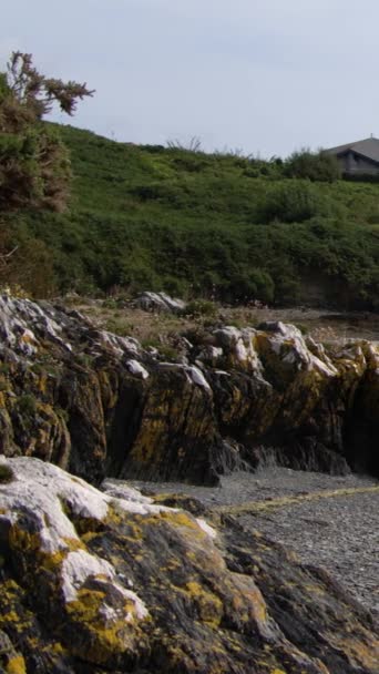 爱尔兰青翠的山坡上一座古雅的小屋 底部有巨大的岩石 垂直录像 — 图库视频影像