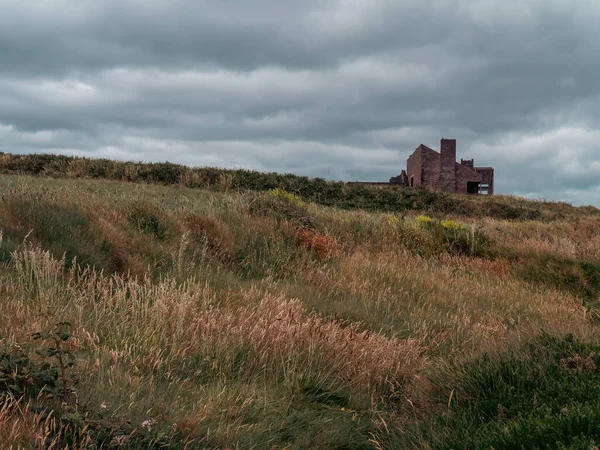 一座在美丽的戏剧性天空下被毁的建筑 北欧的严酷性质 爱尔兰的风景 多云的天空下青草地 — 图库照片