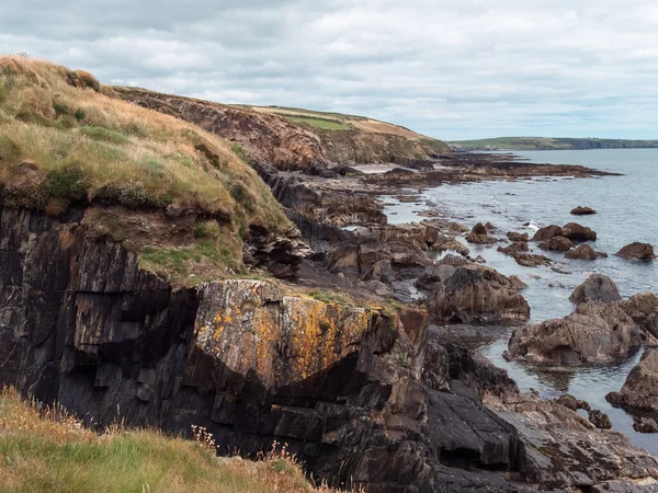 Picturesque seaside landscape. Wild vegetation grows on stony soil. Cloudy sky over the ocean coast. Views on the wild Atlantic way, hills under clouds.