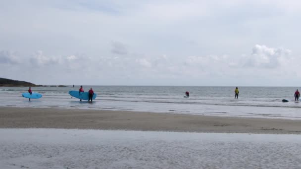 West Cork Irsko Srpna2022 Surfaři Modrými Prkny Čekají Písečné Pláži — Stock video