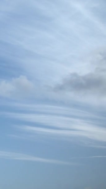 このビデオ映像は 青い空の背景に対するサーカス雲のゆっくりとした動きを捉えます 垂直ビデオ — ストック動画