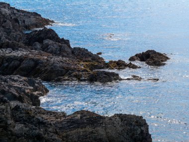 Güneşli bir yaz gününde kıyı kayaları ve deniz suyu. Manzara, denizde kaya oluşumu.