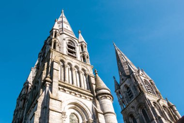Cork, İrlanda 'daki bir Anglikan kilisesinin uzun Gotik kulesi. Neo-Gotik Hıristiyan mimarisi. St Fin Barre Katedrali, Mantar ve Iconic Binaları.