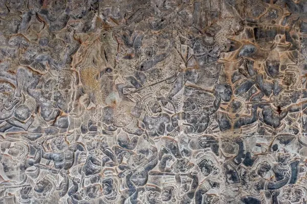 Stein Gemeißelte Kampfszenen Aus Der Hinduistischen Mythologie Der Wand Einem — Stockfoto