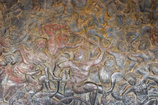 Kampfszenen Aus Der Hindu Mythologie Meisterhaft Die Steinmauern Eines Alten — Stockfoto