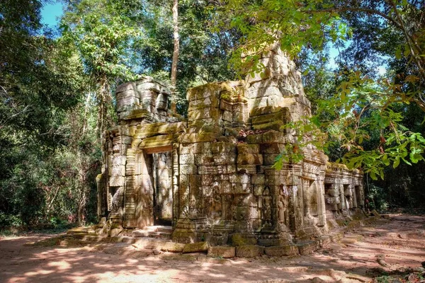 座落在茂密的柬埔寨森林中的一幅以中世纪遗迹为特色的广阔的风景 — 图库照片