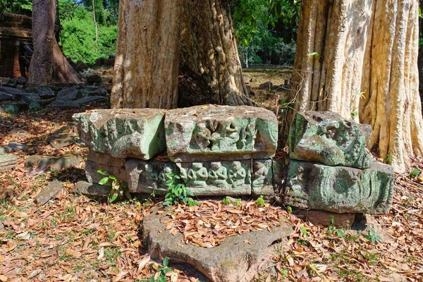 柬埔寨森林里有一些用雕刻图案装饰的古石结构碎片 — 图库照片