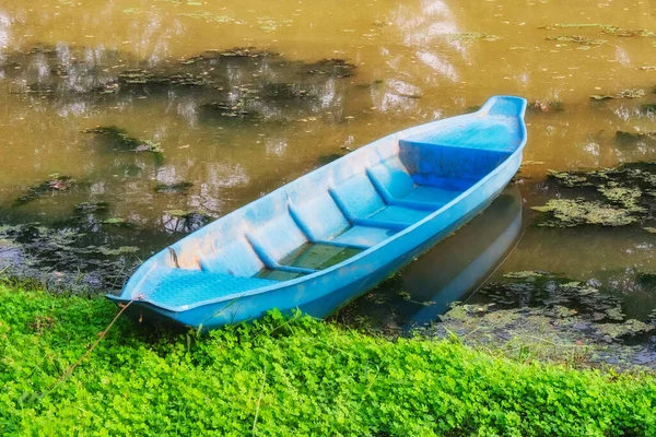 蓝色的船停泊在绿色的河岸上 — 图库照片