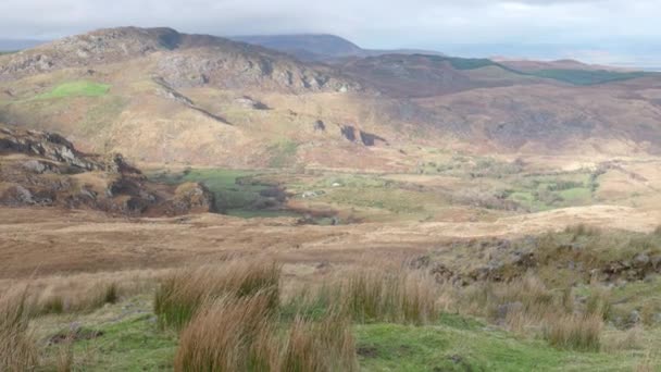 多云的冬日揭示了爱尔兰克里县的山区风景 前景是茂密的草地 — 图库视频影像